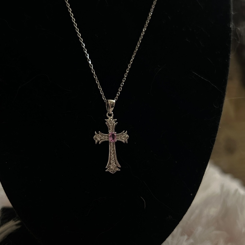 925 Sterling Silver Cross Necklace with Pink Gemstone